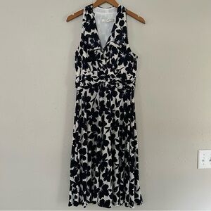 Evan Picone Black Blue White Floral Ruffle Midi Dress Size 14